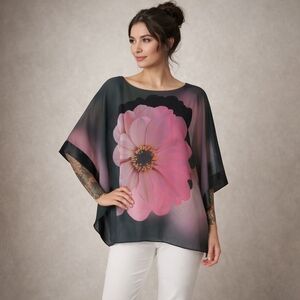 Frank Lyman Floral Batwing Poncho Top Sheer Cape Blouse 18
